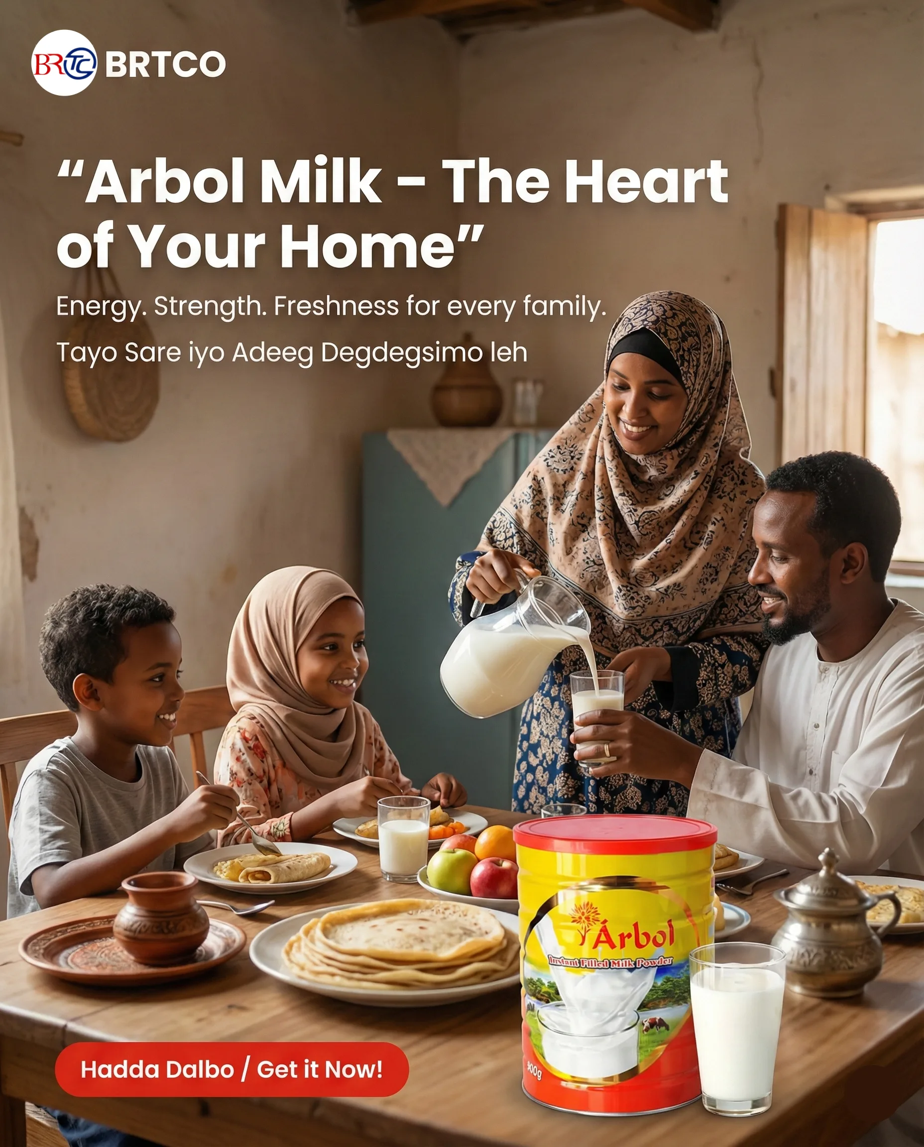 Arbol Milk — the heart of your home, energy and freshness for every Somali family, distributed by BRTCO